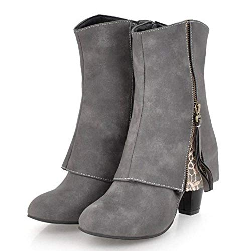 BeiaMina Mujer Botas Moda Tacón Ancho Botas Fiesta Cremallera Otoño Invierno Zapatos Tacón Alto Botas De Vestir Grey Talla 34 Asiática