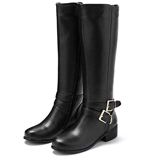 BeiaMina Mujer Casual Invierno Zapatos Plano Botas Rodilla Cremallera Equestrian Botas Tacones Bajos Antideslizante Botas Largas Clásico Hebillas Black Tamaño 41