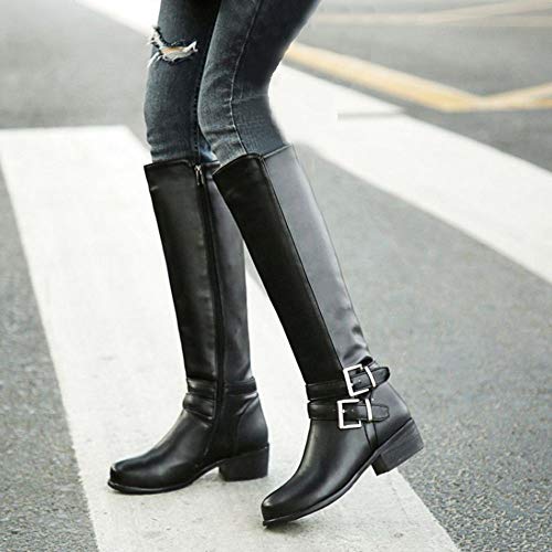 BeiaMina Mujer Casual Invierno Zapatos Plano Botas Rodilla Cremallera Equestrian Botas Tacones Bajos Antideslizante Botas Largas Clásico Hebillas Black Tamaño 41