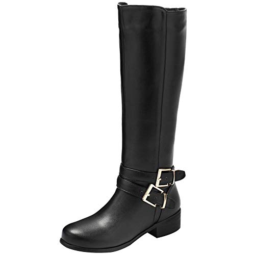BeiaMina Mujer Casual Invierno Zapatos Plano Botas Rodilla Cremallera Equestrian Botas Tacones Bajos Antideslizante Botas Largas Clásico Hebillas Black Tamaño 43