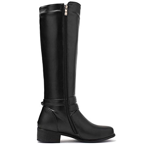 BeiaMina Mujer Casual Invierno Zapatos Plano Botas Rodilla Cremallera Equestrian Botas Tacones Bajos Antideslizante Botas Largas Clásico Hebillas Black Tamaño 43