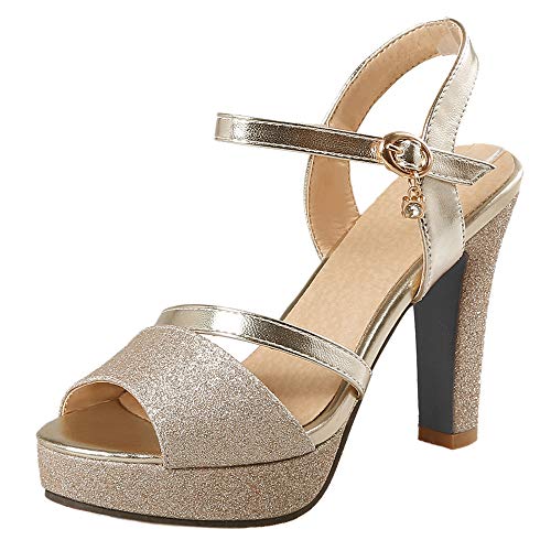 BeiaMina Mujer Zapatos Moda Tacón Alto Sandalias Plataforma Fiesta Zapatos Tacón Ancho Verano Zapatos Glitter Gold Talla 40 Asiática
