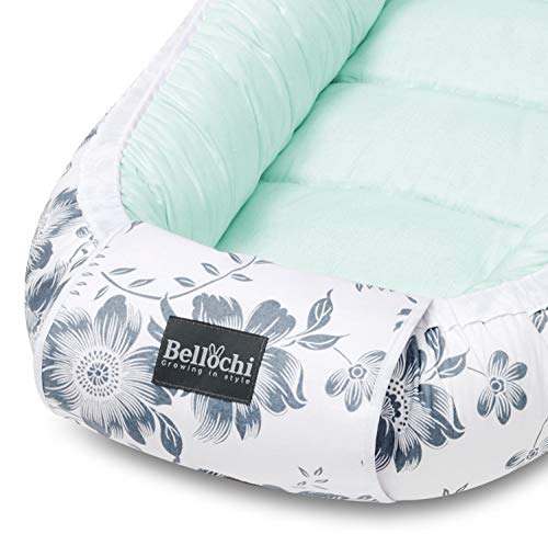 Bellochi Nido Bebe Recien Nacido, Reductor de Cuna Nido para Bebe - 100% Algodón - OEKO-TEX Certificado - 90x60x12cm con Bordes Protectores - Mint Berry