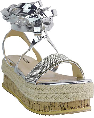 BeMeesh Alpargata para Mujer Diamante Zapatos Planos con Plataforma y Cuerdas Sandalias de Verano
