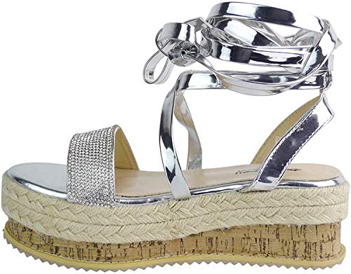 BeMeesh Alpargata para Mujer Diamante Zapatos Planos con Plataforma y Cuerdas Sandalias de Verano