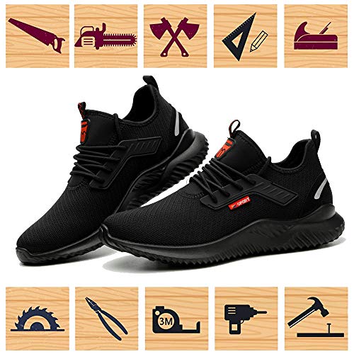 BESKEE Zapatos de seguridad para hombre S3, deportivos, ligeros, de trabajo, transpirables, con puntera de acero, talla 35-46, color Negro, talla 41 EU