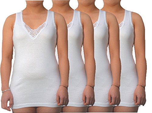 BestSale247 4 - Camiseta interior para mujer (8 unidades, extralarga con bonita encaje de 100% algodón peinado, sin costuras laterales), tallas 36-38 hasta 56-58 4 unidades, color blanco. 42-44