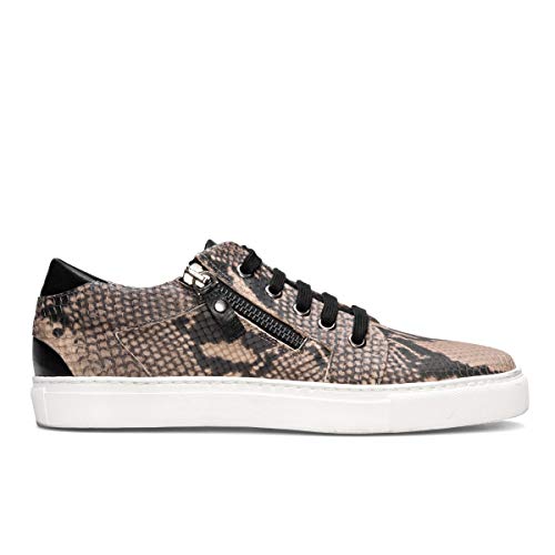 Beth - Zapatillas Sneakers Deportivos de Vestir para Mujer en Piel - Planos Suela Gorda - Cierre Cremallera y Cordoneras - Moda Tendencia Sport Casual - Serpiente Animal Print Negras - Negro 36 EU
