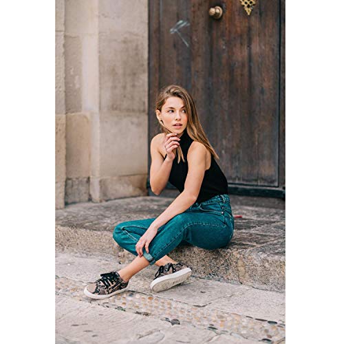 Beth - Zapatillas Sneakers Deportivos de Vestir para Mujer en Piel - Planos Suela Gorda - Cierre Cremallera y Cordoneras - Moda Tendencia Sport Casual - Serpiente Animal Print Negras - Negro 36 EU