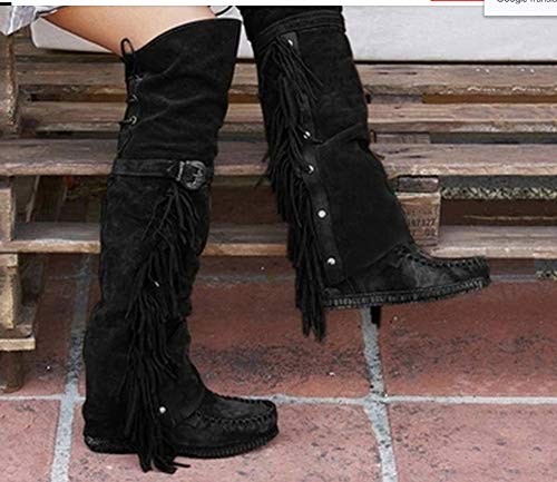 Bewinch Botas Altas Mujer, con Flecos Botas De Moda, Borlas Decoración, Cómodo Talón Grueso Tacón Bajo Las Botas Altas, Casual Diario,Negro,43 EU