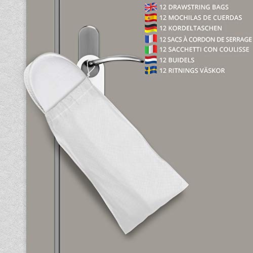 Bizarre.ly Zapatillas SPA Blancas Suaves con Bolsas de Cordel (12 Pares) Pantuflas Invitados Punta Cerrada Lavable Reutilizable – Dos Tallas (S, L) Hombres y Mujeres – Baño, Invitados, Hogar, Bodas