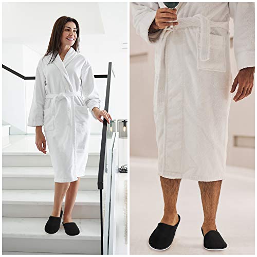 Bizarre.ly Zapatillas SPA Negras Suaves con Bolsas de Cordel (12 Pares) Pantuflas Invitados Punta Cerrada Lavable Reutilizable - Dos Tallas (S, L) Hombres y Mujeres – Baño, Viaje, Hogar, Bodas