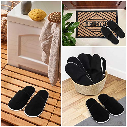 Bizarre.ly Zapatillas SPA Negras Suaves con Bolsas de Cordel (12 Pares) Pantuflas Invitados Punta Cerrada Lavable Reutilizable - Dos Tallas (S, L) Hombres y Mujeres – Baño, Viaje, Hogar, Bodas
