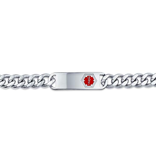 Bling Jewelry Médicos Identificación Médica Brazalete Alerta Médica Personalizado Curb Chain para Hombre Tono Plata 8Acero