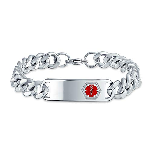 Bling Jewelry Médicos Identificación Médica Brazalete Alerta Médica Personalizado Curb Chain para Hombre Tono Plata 8Acero