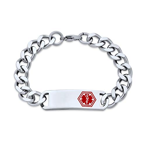 Bling Jewelry Médicos Identificación Médica Brazalete Alerta Médica Personalizado Curb Chain para Hombre Tono Plata 8Acero