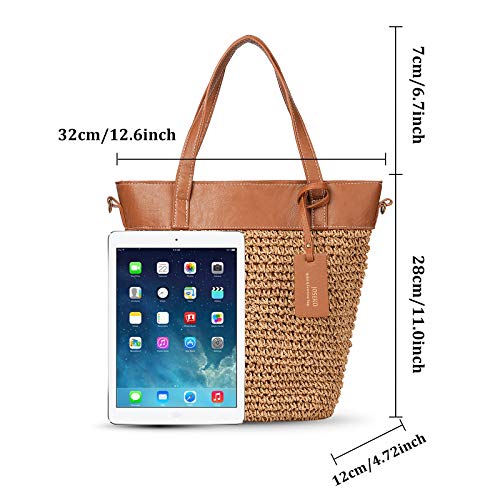 Bolso de Playa de Paja, JOSEKO Bolso de Punto para Mujer Bolso de Mimbre Bolso con manijas de Cuero Adecuado para Compras navideñas Compras Playas y Uso Diario Informal