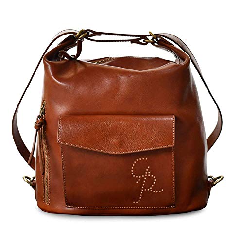 Bolso mochila mujer Bolsa de hombro convertible mochila con bolsillos antirrobo Marrón claro Bolsos de piel auténtica mujer Italianos Elena Ganza Roma Handmade