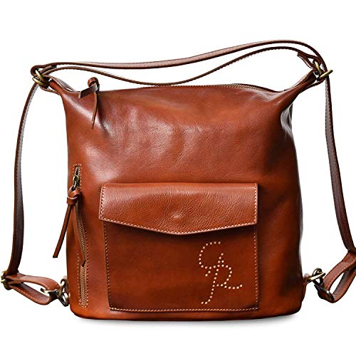 Bolso mochila mujer Bolsa de hombro convertible mochila con bolsillos antirrobo Marrón claro Bolsos de piel auténtica mujer Italianos Elena Ganza Roma Handmade