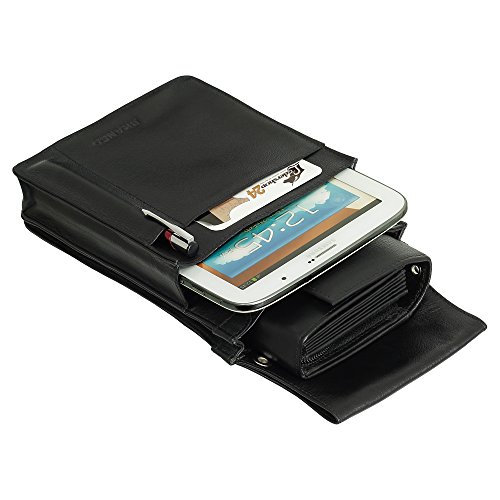 Bolso Profesional de Camarero, de Cuero de bovino, en Negro para Tablet, iPad Mini de hasta 8 Pulgadas & Monedero