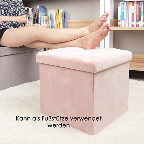 Bonlife Taburete de Almacenamiento Plegable de Franela Retro Interior Banco Madera Juguetes Mesas Plegables Pequeñas Rosa 40x40x40cm