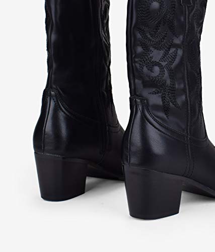 BOSANOVA Bota campera Negra Estilo Cowboy con tacón para Mujer | Detalle de Cosido Decorativo en la caña y Cierre con Cremallera | Negro 37