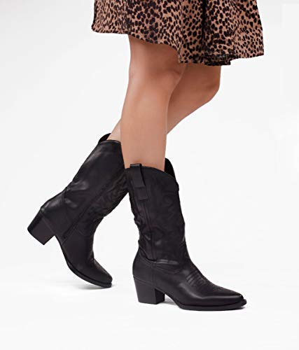 BOSANOVA Bota campera Negra Estilo Cowboy con tacón para Mujer | Detalle de Cosido Decorativo en la caña y Cierre con Cremallera | Negro 38