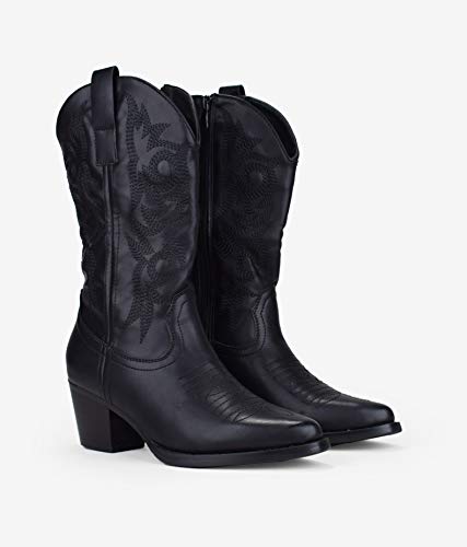 BOSANOVA Bota campera Negra Estilo Cowboy con tacón para Mujer | Detalle de Cosido Decorativo en la caña y Cierre con Cremallera | Negro 39
