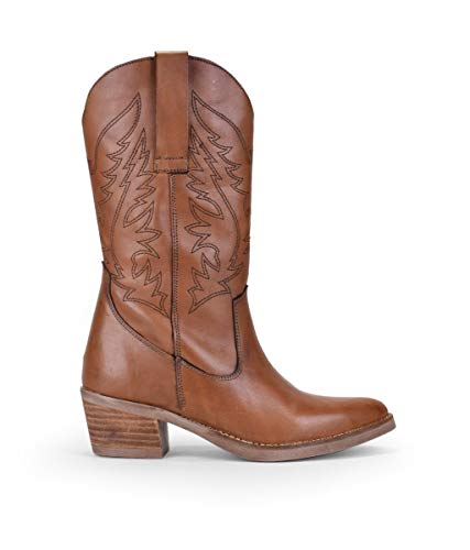 BOSANOVA Bota Cowboy de Media caña confeccionada en Piel marrón con Detalles Bordados a Contraste y Ligero tacón de Madera. Cuero 36
