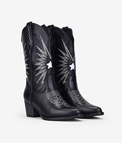 BOSANOVA Botas Estilo Cowboy con Detalle de Cosido Decorativo a Contraste y tacón Efecto Madera de 5'5 cm. Sin Cierre. Negro 37