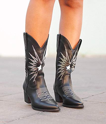 BOSANOVA Botas Estilo Cowboy con Detalle de Cosido Decorativo a Contraste y tacón Efecto Madera de 5'5 cm. Sin Cierre. Negro 37
