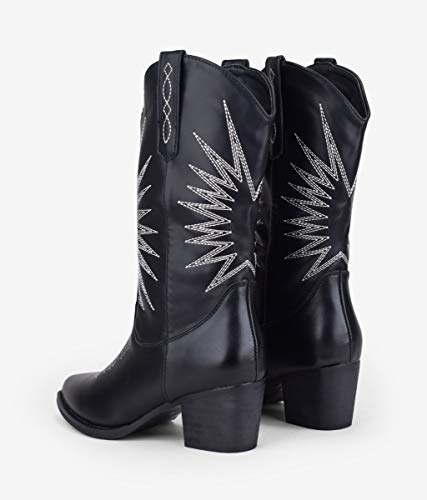 BOSANOVA Botas Estilo Cowboy con Detalle de Cosido Decorativo a Contraste y tacón Efecto Madera de 5'5 cm. Sin Cierre. Negro 38