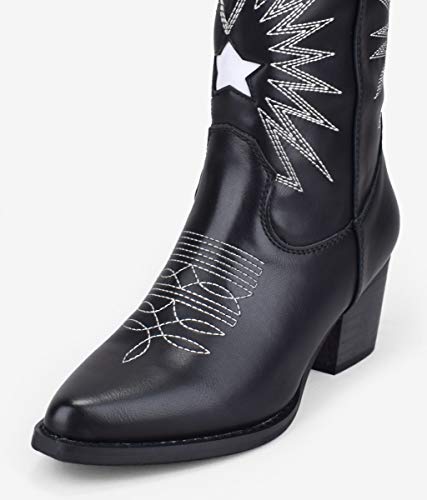 BOSANOVA Botas Estilo Cowboy con Detalle de Cosido Decorativo a Contraste y tacón Efecto Madera de 5'5 cm. Sin Cierre. Negro 38