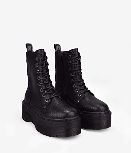 BOSANOVA Botas Militares Negras con Plataforma XXL de Goma Rayada y Cordones hasta la Parte Superior. Cierre con Cremallera Interior para Mujer. Negro 37