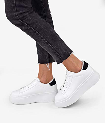 BOSANOVA Zapatillas Blancas con Detalle Pieza Trasera en Color Negro para Mujer | con Cordones. Blanca 36