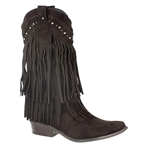 Bota de Mujer Casual y Comodas con Tacon, con Remaches y Flecos en la Cana, Ajustable al Pie Otono Invierno 2019. Talla 36 Negro