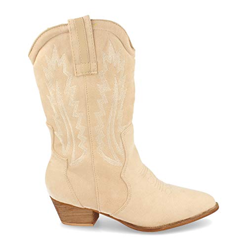 Bota de Mujer con Tacon Campero, Cosido en Empeine y Cana, Cierre de Cremallera Primavera Verano 2020. Talla 37 Beige