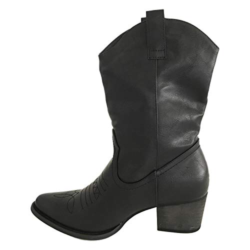 Bota de Mujer con Tacon Campero Cowboy con Tachuelas,Flores y Cierre de Cremallera Otono Invierno 2019. Talla 36 Negro