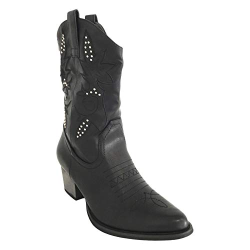 Bota de Mujer con Tacon Campero Cowboy con Tachuelas,Flores y Cierre de Cremallera Otono Invierno 2019. Talla 38 Negro