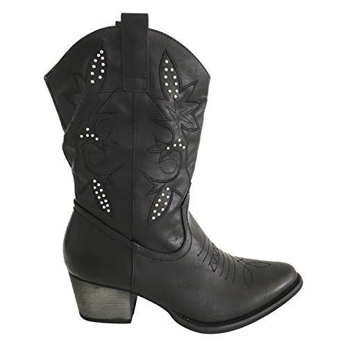 Bota de Mujer con Tacon Campero Cowboy con Tachuelas,Flores y Cierre de Cremallera Otono Invierno 2019. Talla 38 Negro