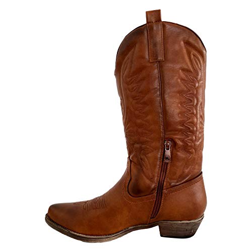 Bota de Mujer Estilo Campera con Bordado Cosido en Cana y Empeine, Cierre de Cremallera Otono Invierno 2019. Talla 36 Camel