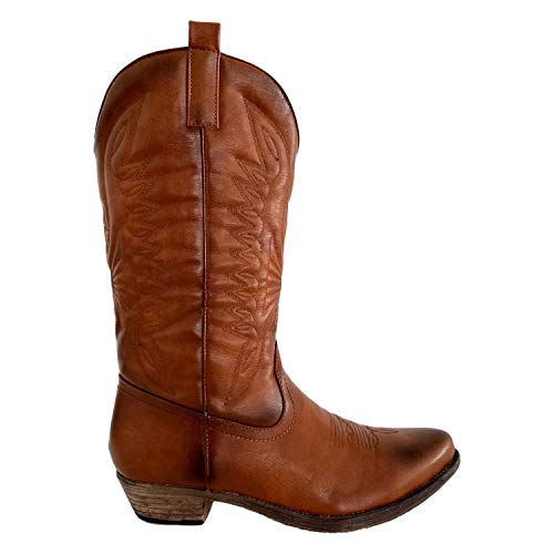 Bota de Mujer Estilo Campera con Bordado Cosido en Cana y Empeine, Cierre de Cremallera Otono Invierno 2019. Talla 36 Camel