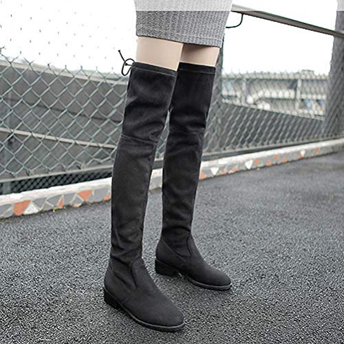 Botas altas hasta la rodilla para mujer Otoño Invierno Botas de moto de tacón bajo Banda elástica Punta puntiaguda sobre la rodilla Tacón cuadrado