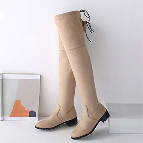 Botas Altas hasta la Rodilla para Mujer Otoño Invierno Botas de Moto de tacón bajo Banda elástica Punta Puntiaguda sobre la Rodilla Tacón Cuadrado