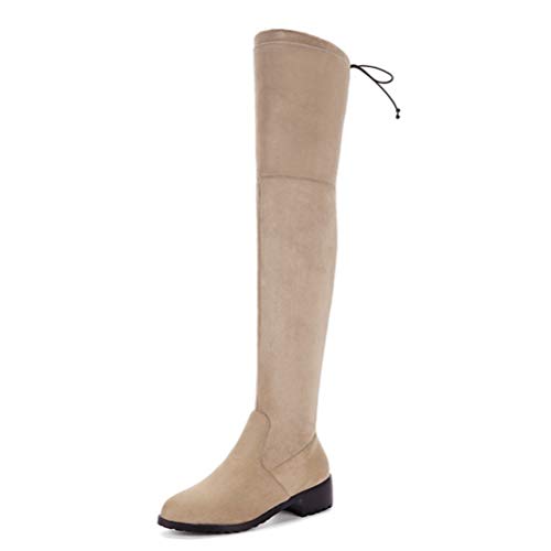 Botas Altas hasta la Rodilla para Mujer Otoño Invierno Botas de Moto de tacón bajo Banda elástica Punta Puntiaguda sobre la Rodilla Tacón Cuadrado