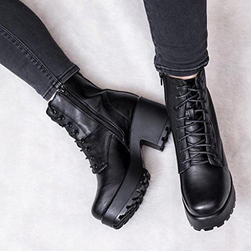 Botas Botines Tacón de Bloque con Plataforma con Cordones Negro Cuero Sintético EU 38