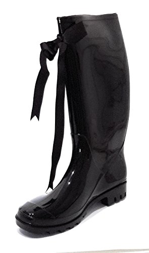 Botas de Agua Negras Elegantes Mujer Botas de Lluvia Estilosas con Lazo Decorativo Botas de Goma con Brillo Gloss Impermeables Color Negro