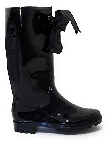 Botas de Agua Negras Elegantes Mujer Botas de Lluvia Estilosas con Lazo Decorativo Botas de Goma con Brillo Gloss Impermeables Color Negro