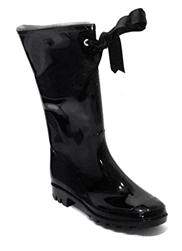 Botas de Agua Negras Elegantes Mujer Botas de Lluvia Estilosas con Lazo Decorativo Botas de Goma con Brillo Gloss Impermeables Color Negro