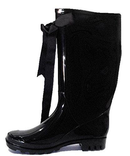 Botas de Agua Negras Elegantes Mujer Botas de Lluvia Estilosas con Lazo Decorativo Botas de Goma con Brillo Gloss Impermeables Color Negro